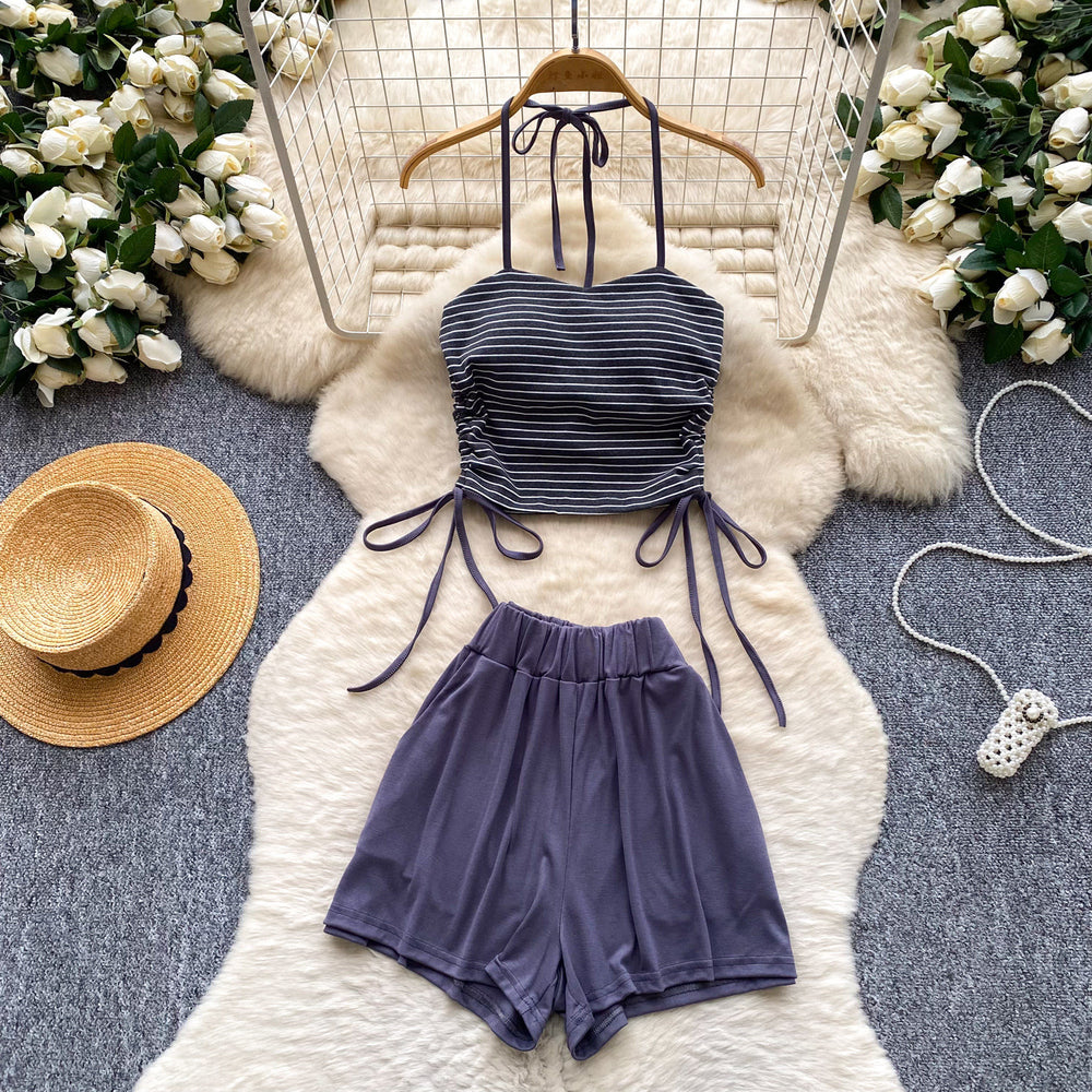 Halter stripes camisole high waistslimming look shortstwo-piece set women's summer silm tube top culottessuit