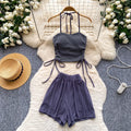 Halter stripes camisole high waistslimming look shortstwo-piece set women's summer silm tube top culottessuit
