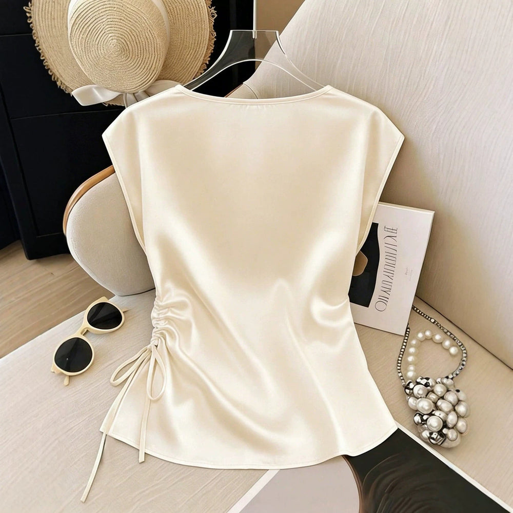 European and american style light luxury color block print tank top - deep v-neck, drawstring waist, slimming satin sleeveless top