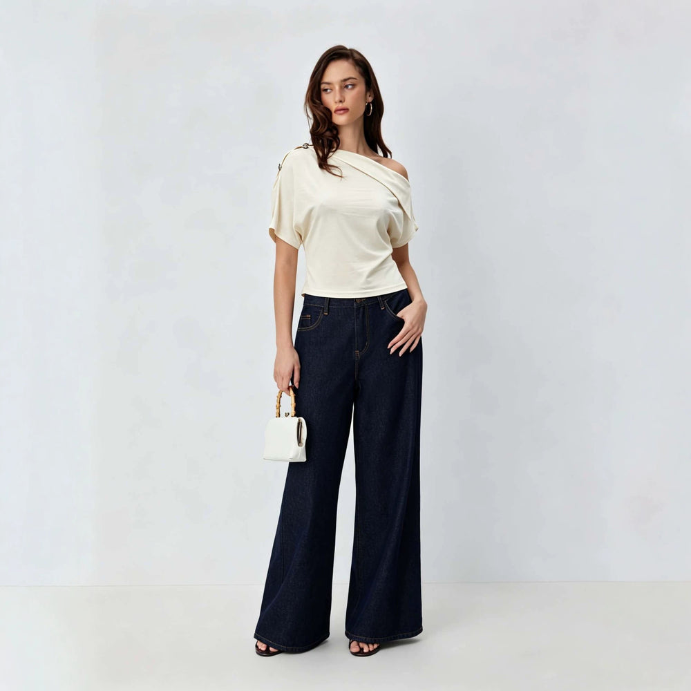 women's off-the-shoulder/one-shoulder top, figure-flattering, slimming, short-sleeved, soft and elegant style, niche design t-shirt