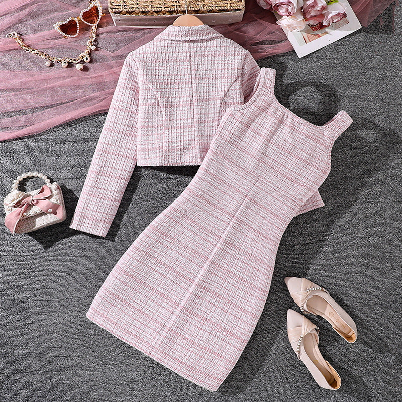 European and american girl's autumn outfit: new french retro chanel-style collared long-sleeve jacket and elegant vest dress two-piece set