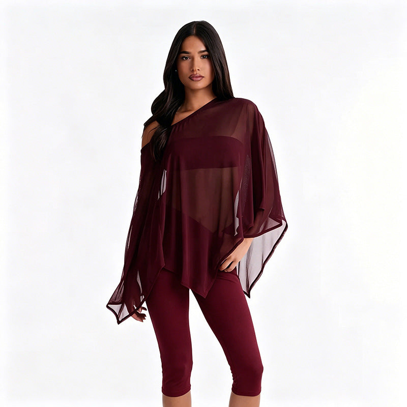 Women's european and american style autumn  new collection: solid color mesh off-shoulder cover-up, sexy bandeau top, and pants three-piece set