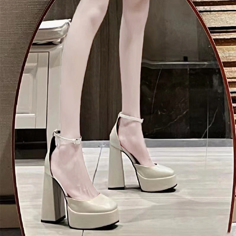 Mary jane chunky heel women's shoes 2025 new fairy style waterproof platform french square toe single strap flats