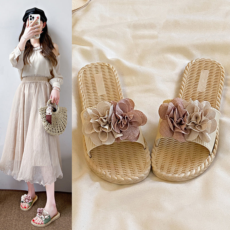 New summer fairy style color block floral slides - women's beach sandals, fashionable outdoor wear, flat, non-slip