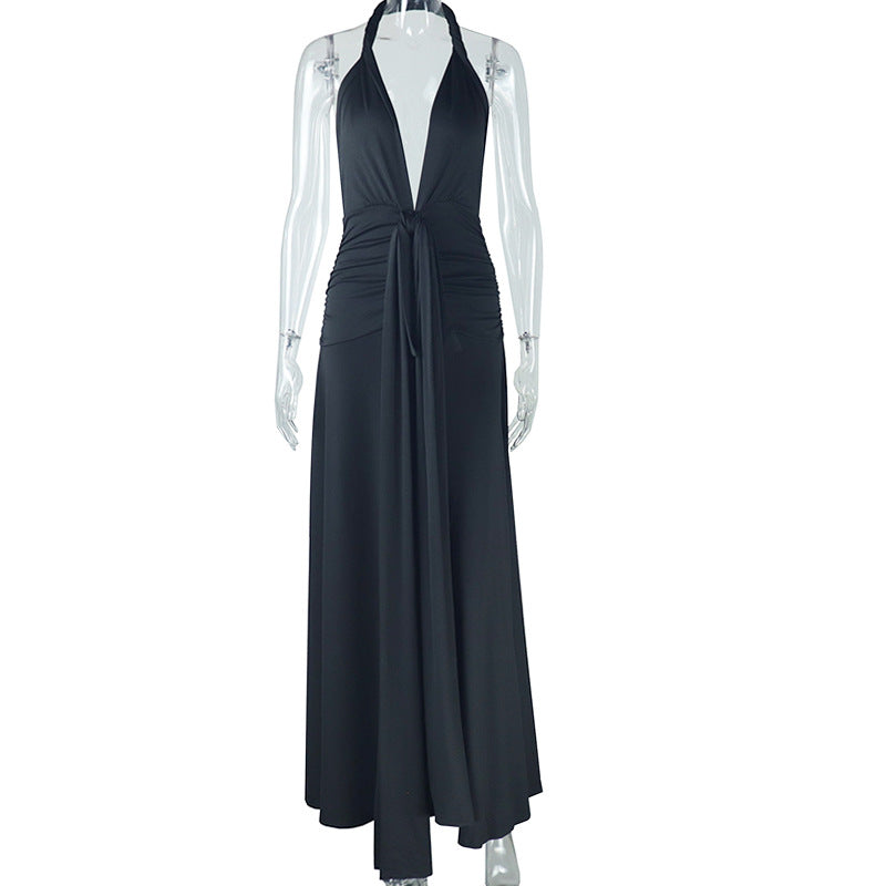 Fashion style insexport women's pure colorsexy sleeveless halterneck tie backbackless slit elegant long skirt dress