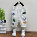 Boys' denim shorts -  summer collection: distressed, patch-label, 5-inch length, trendy & edgy, popular online style with letter print