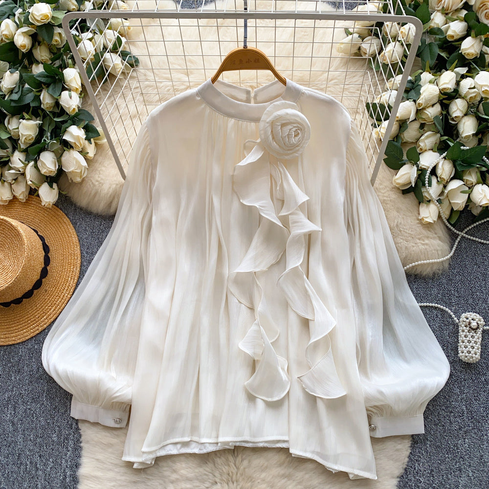 French aristocrat court style 3d floral embellished long sleeve blouse - unique, chic, and high-end women's top