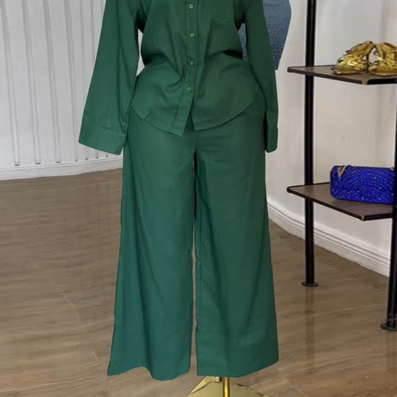 European and american cross-border women's fashion:  autumn new collection - stylish green turn-down collar long sleeve shirt and wide-leg pants casual set