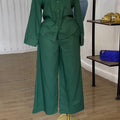 European and american cross-border women's fashion:  autumn new collection - stylish green turn-down collar long sleeve shirt and wide-leg pants casual set