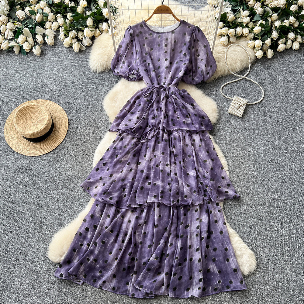 French sweet style purple polka dot a-line dress - women's summer korean style puff sleeve high waist tiered dress - slimming