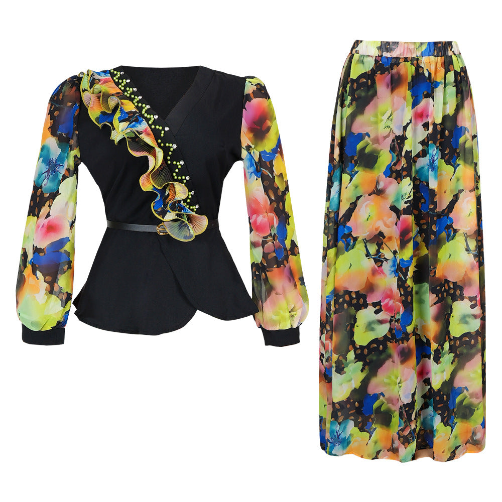 new african plus size women's chiffon printed two-piece v-neck dress set -  cross-border e-commerce
