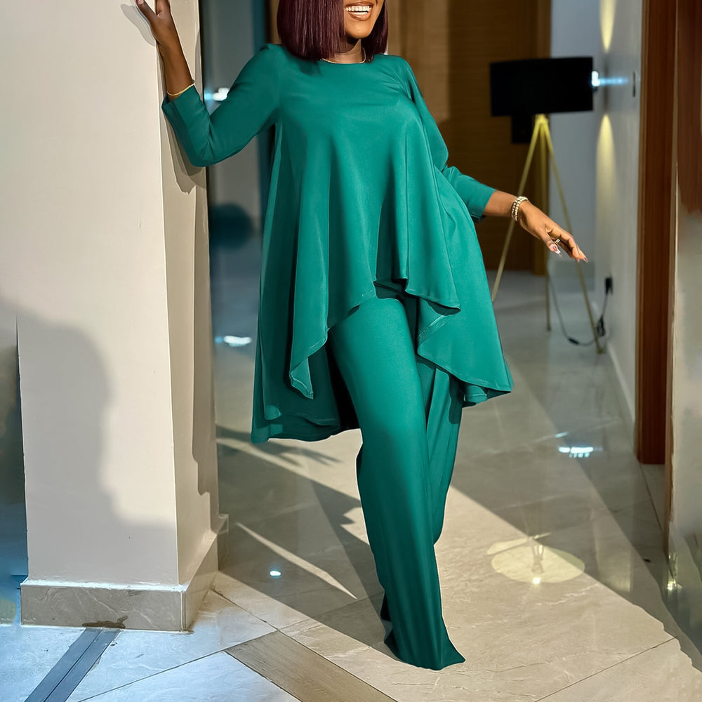 D3260  foreign trade women's fashion european and american style elegant plus size long sleeve top and wide leg pants cross-border set