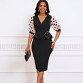 D502  summer new arrival mesh flocked puff sleeve v-neck fashionable elegant bodycon foreign trade dress