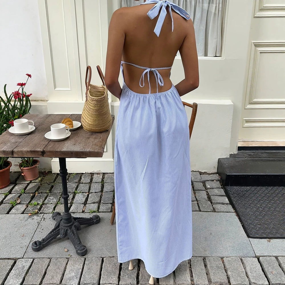 Summer fashion striped cami low-cut vacation style halter backless sexy tie-up maxi dress -