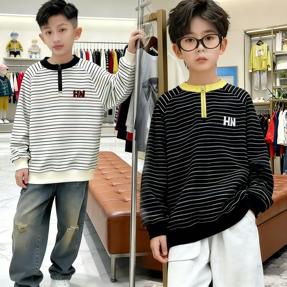 spring new kids' trendy hoodie - mid-to-large size, half-zip, striped, stylish top, boys' warm outerwear