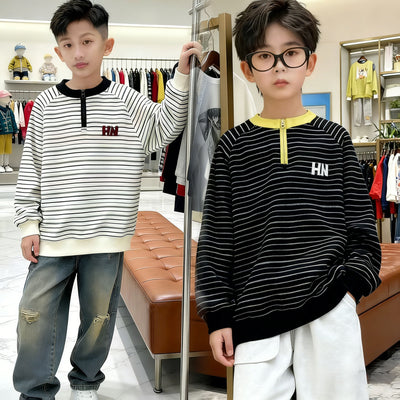 spring new kids' trendy hoodie - mid-to-large size, half-zip, striped, stylish top, boys' warm outerwear