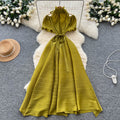 European and american style high-end short-sleeve dress for women - autumn off-the-shoulder ruffle stand collar tie-waist design - mature woman maxi dress