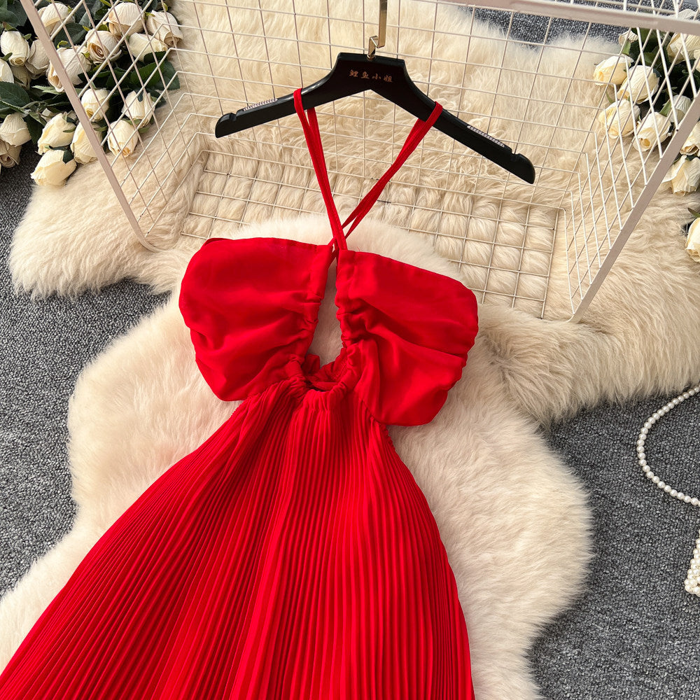 Beach vacation style ethereal flowy red beach dress women's french sweet halter sundress