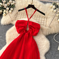 Beach vacation style ethereal flowy red beach dress women's french sweet halter sundress
