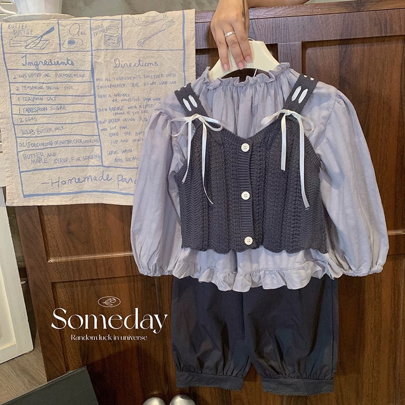 Girls' spring/autumn bowknot knitted vest, layering long-sleeve pullover shirt top, and casual pants three-piece set