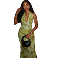 European and american style cross-border fresh women's fashion printed backless elegant mermaid dress, slim fit deep v-neck halter dress