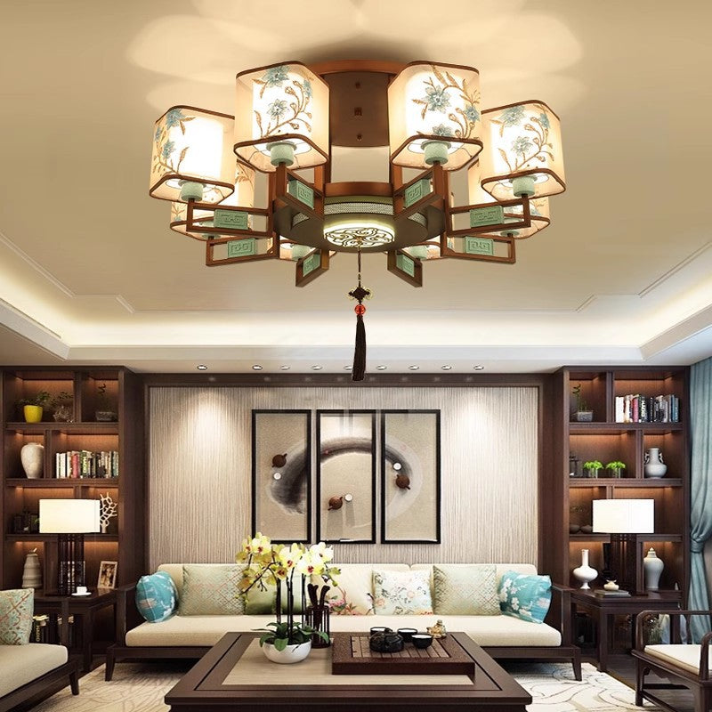 New Chinese style bedroom living room ceiling lamp Chinese style atmosphere Zen dining room box tea room embroidery fabric chandelier