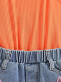 European and american cross-border girls' outfit: solid color camisole with embroidered romper and denim shorts - new summer collection for children