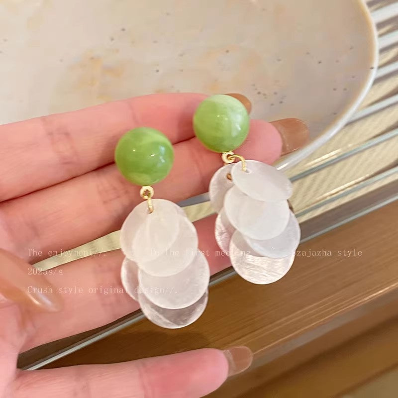 Avocado green shell earrings - women's dopamine drop earrings, 2026 new collection, high-end resort style beach earrings