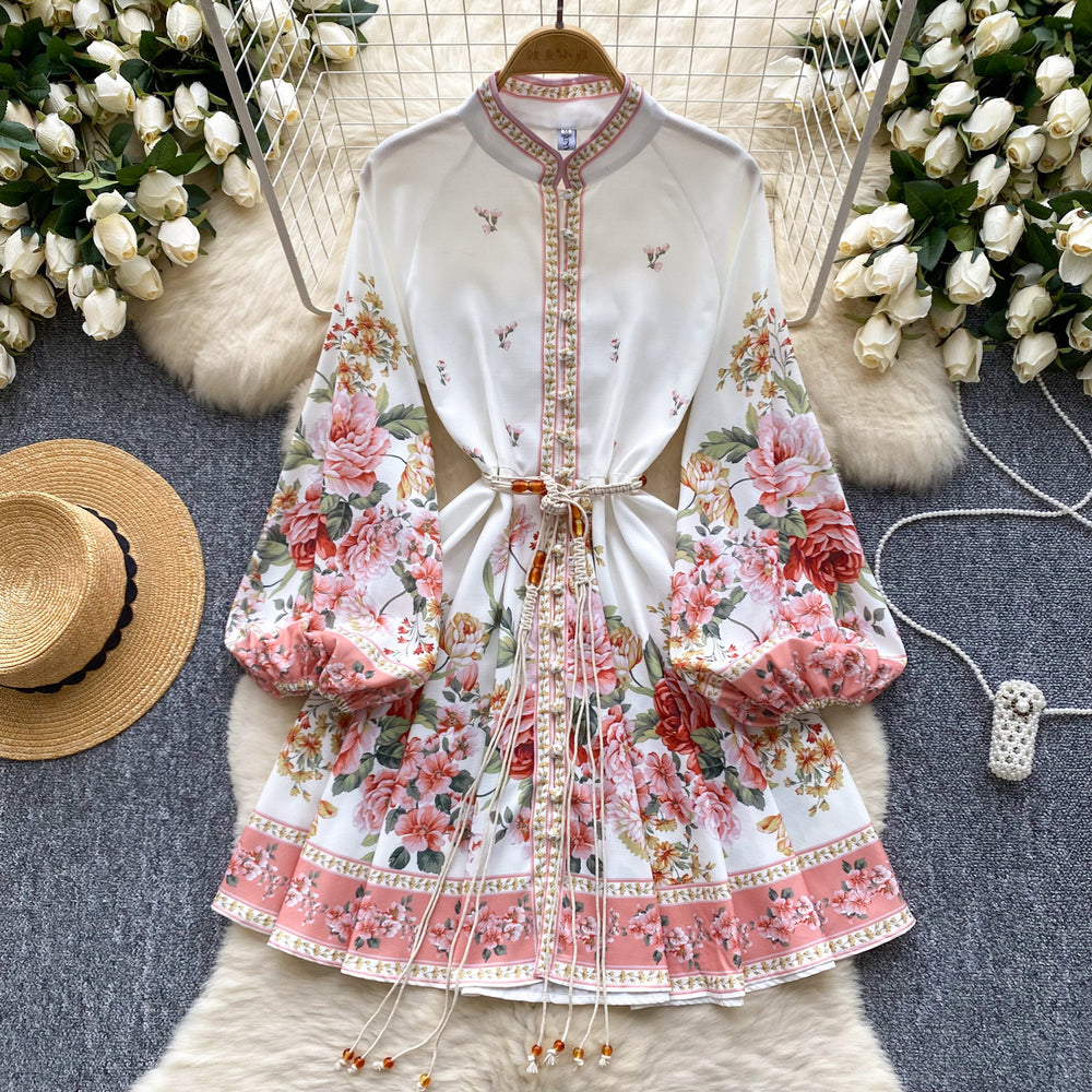 High-end elegancedress women's autumn clothing fashionretro palace stand collar lantern sleeve printing waist slimming look a-line skirt