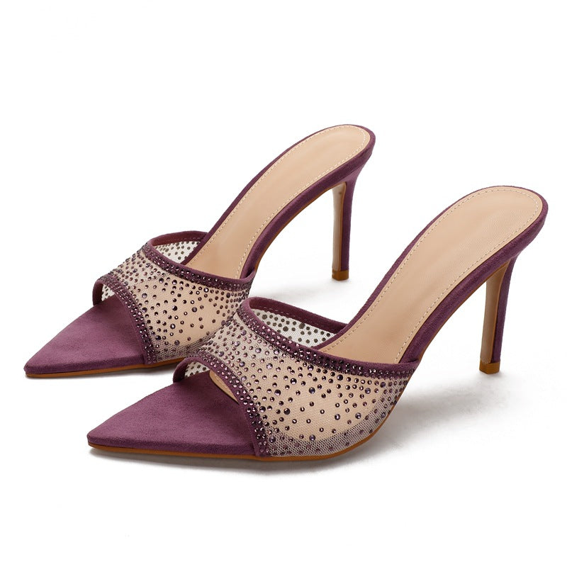 Wo huizhou mesh rhinestone slippers women's stiletto heel summer outdoor wear 2026 new european and american fashion pointed toe versatile