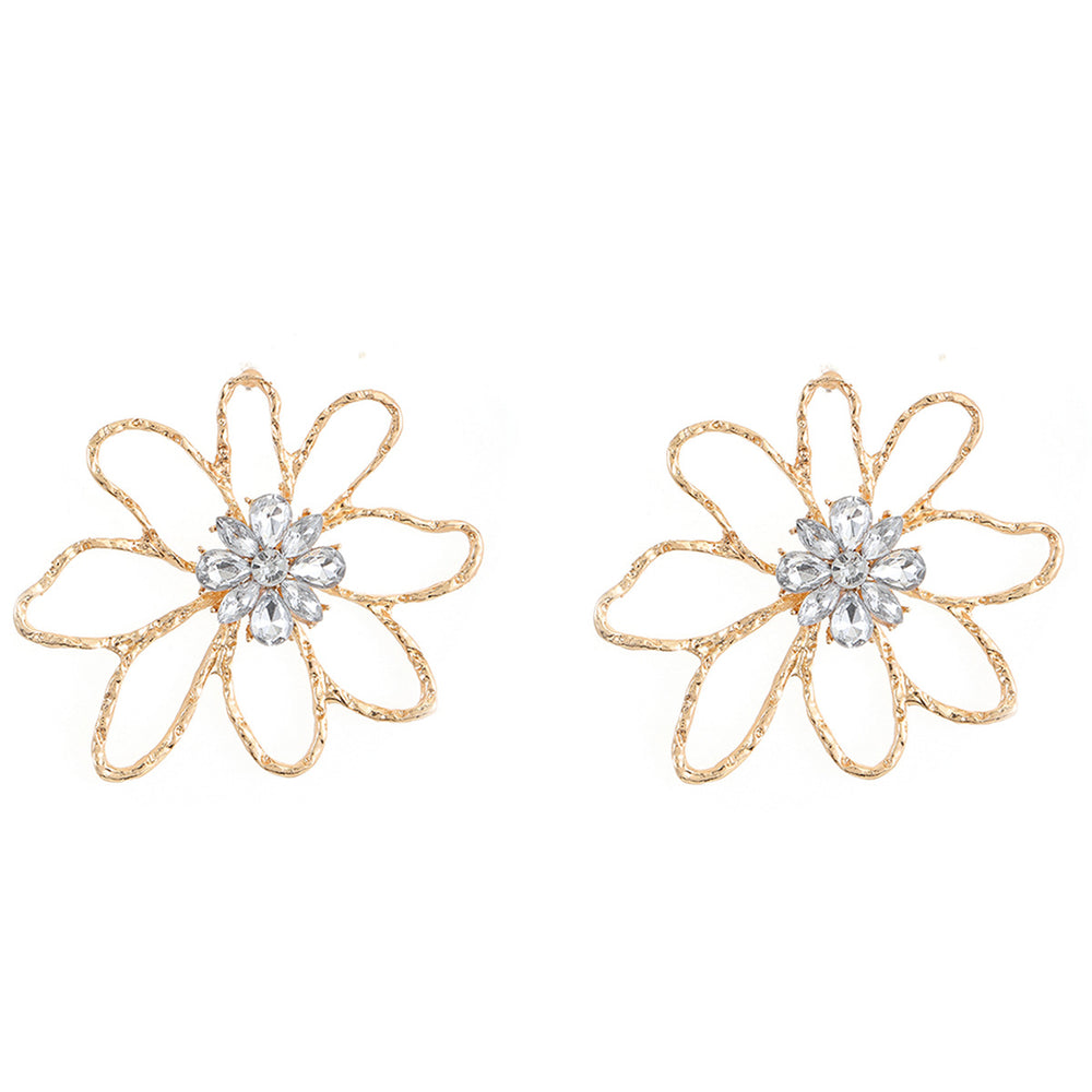 European and american retro irregular hollow flower diamond-studded earrings, statement design fashion gold volcanic lava line stud earrings