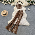 Fashion ins scheming sense of design sleeveless slanted shoulder short leopard print vest women's high waist hip-covering slightly flared pantssuit