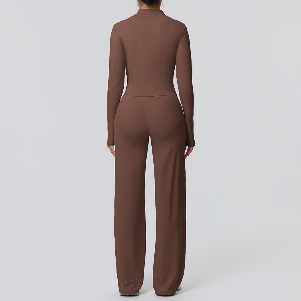 New arrival: solid color brushed fleece breathable zip-up jacket & wide-leg yoga pants set - perfect for running, fitness, and activewear