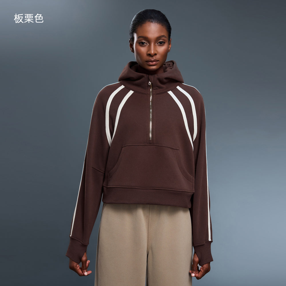 High collar half-zip hooded sweatshirt women's fleece-linedloosecontrast color sports topseasiest for matchcasualoutweard25159