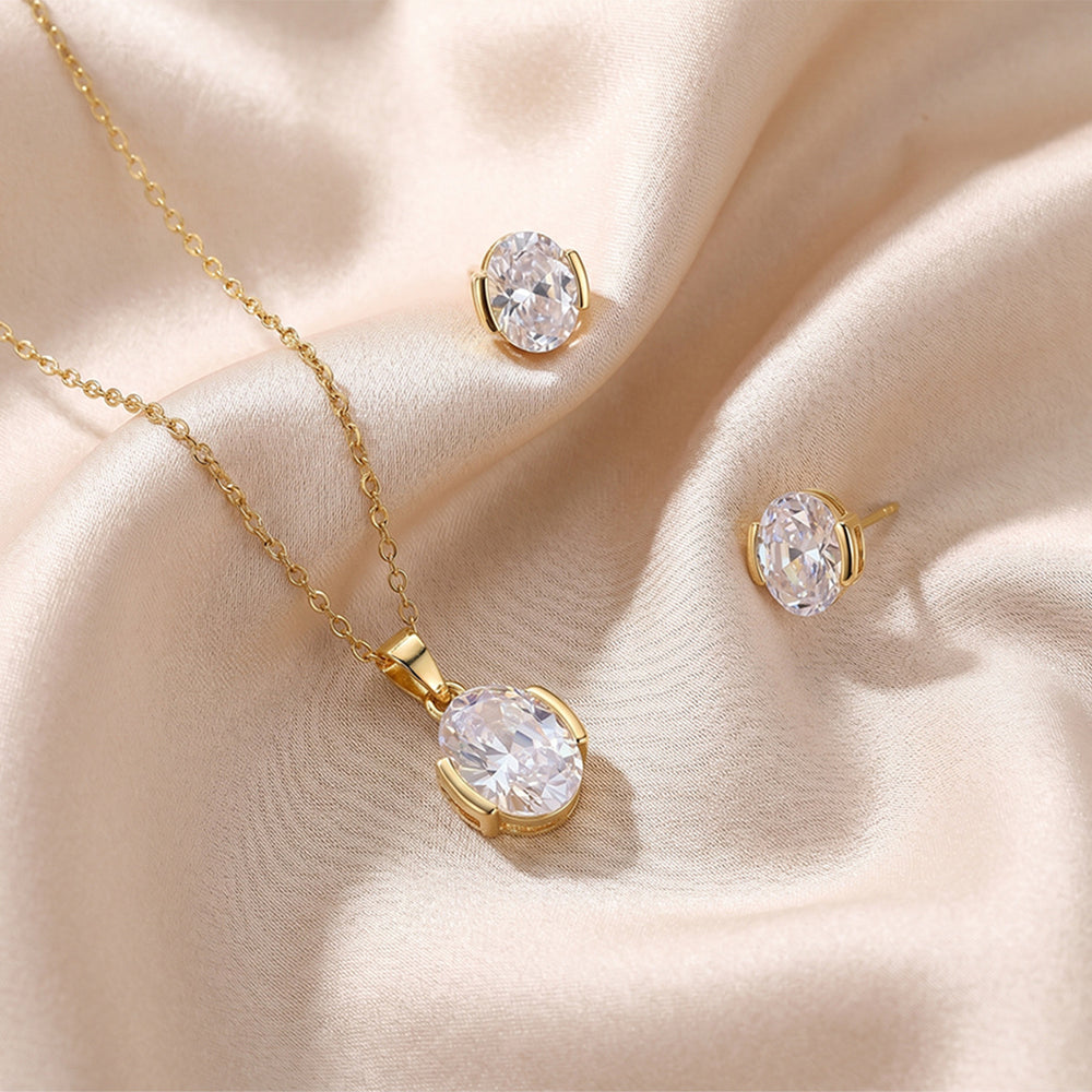 popular elegant zirconium round necklace for women, accessible luxury niche versatile titanium steel clavicle chain earrings jewelry set