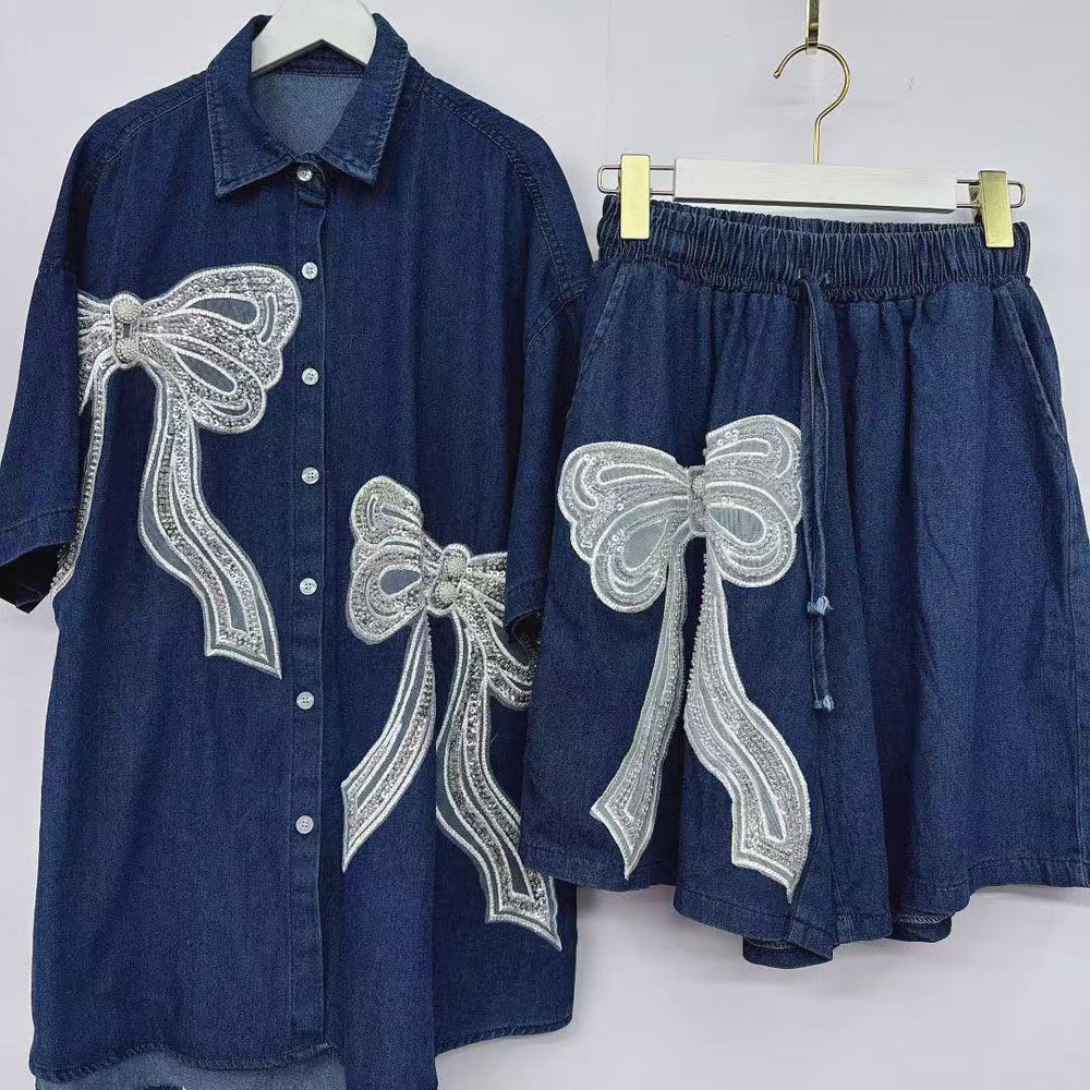 new european style heavy-duty denim set for women: designer cardigan and shorts, unique, fashionable, and relaxed fit two-piece outfit