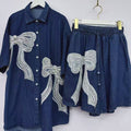 new european style heavy-duty denim set for women: designer cardigan and shorts, unique, fashionable, and relaxed fit two-piece outfit