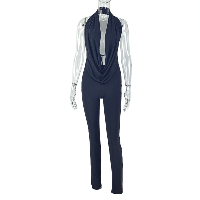 Fashionexportfashionhalter neck swing collarpure colorwork clothing pantssuitbacklesstie backtopstightpantstwo-piece set