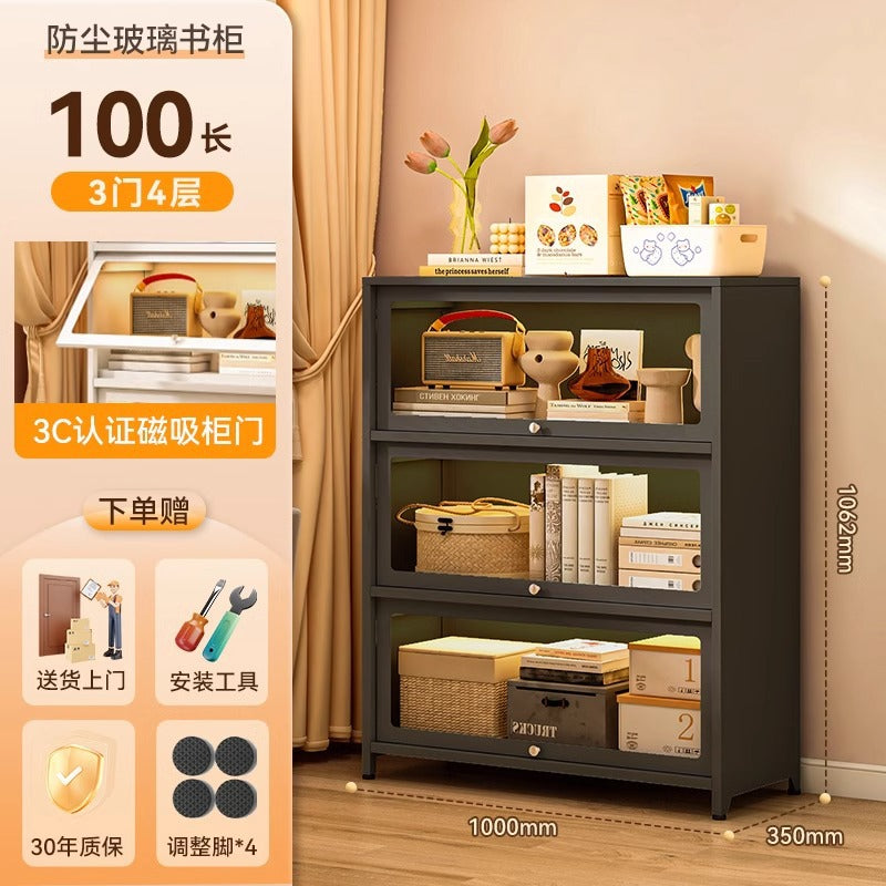 Steel bookcase with glass doors, kids' bookshelf, home living room storage cabinet, dustproof display cabinet, iron art shelf