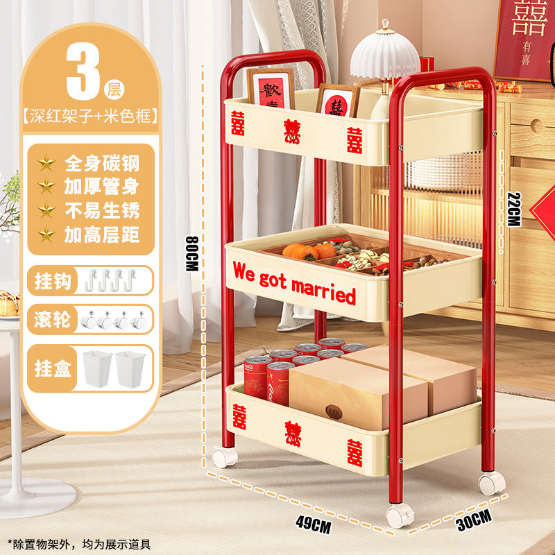 Red trolley rack Wedding household Wedding engagement arrangement Happy New Year's Day Spring Festival Floor storage shelf