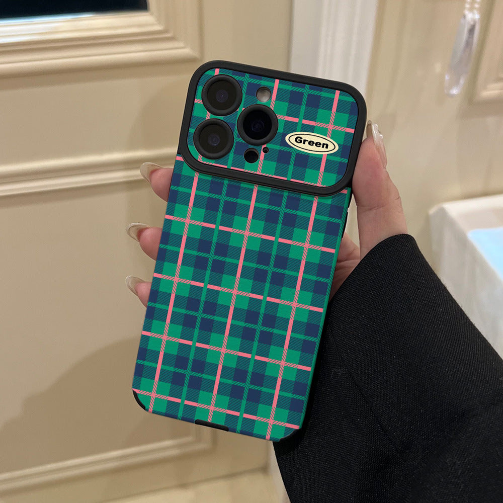 Ins british style grids phone case suitable for iphone16/15 anti-fall 17promax green and pink contrasting color soft case