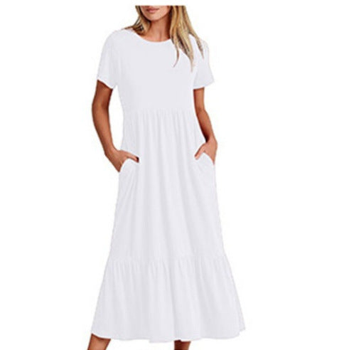 Spot 2024 new women's clothing   explosion temperament round neck pleated solid color pendulum dress