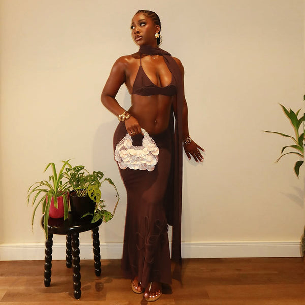 European and American style  hip wrap slim strap neck skirt set summer vacation two-piece set sexy solid color women's fashion