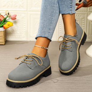 autumnew arrival cross-border plus size medium heel square heel flats women's k-style round toe tie backexport loafers women's flats