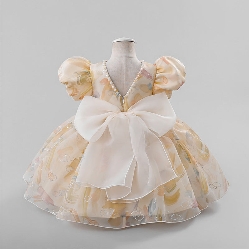 New arrival pearl collar girls dress colorful puff sleeves baby one year old dress bows girls princess dress