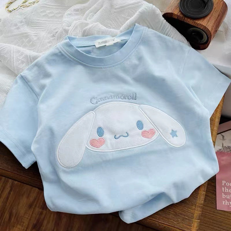 Hot-selling cross-border new arrivals: girls' short-sleeve t-shirts for summer, featuring my melody, cinnamoroll, and kuromi cartoon designs on cotton tops
