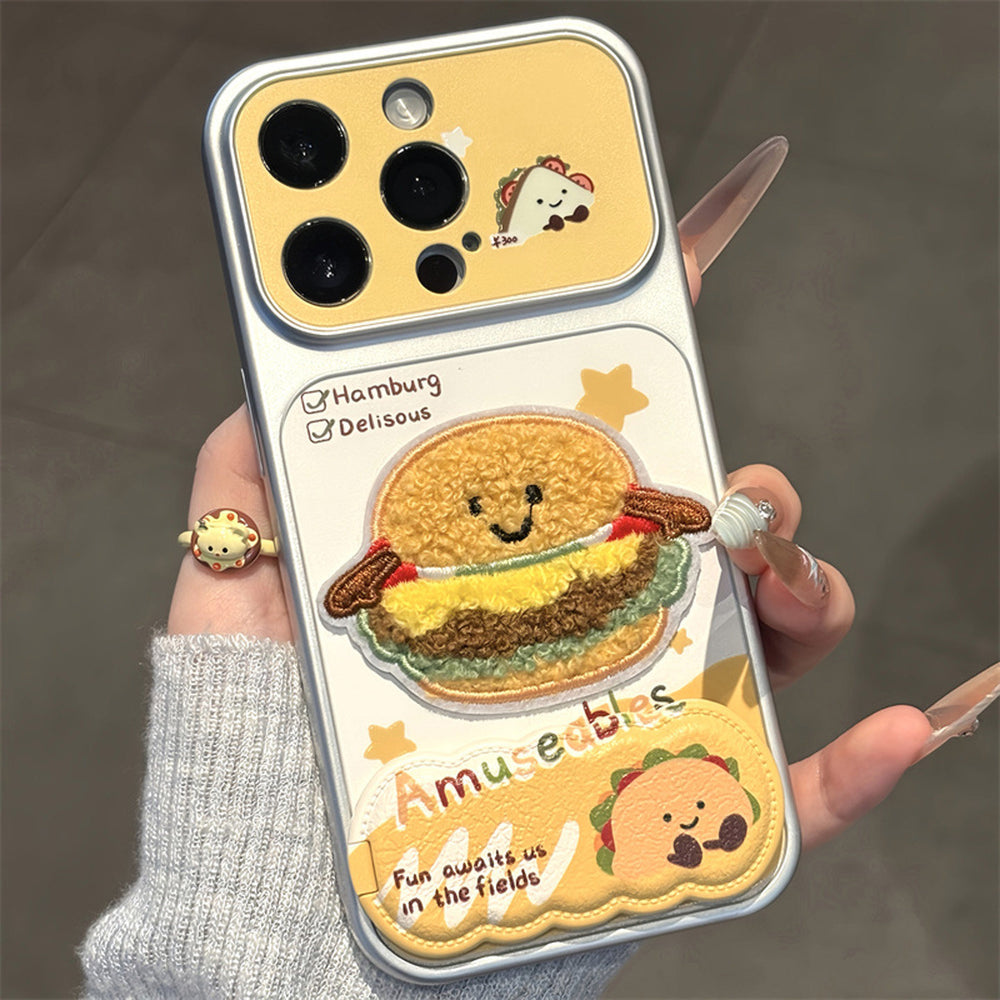 Plush embroidered burger iphone 18 case with wave mirror stand - apple 17 pro max electroplated cover