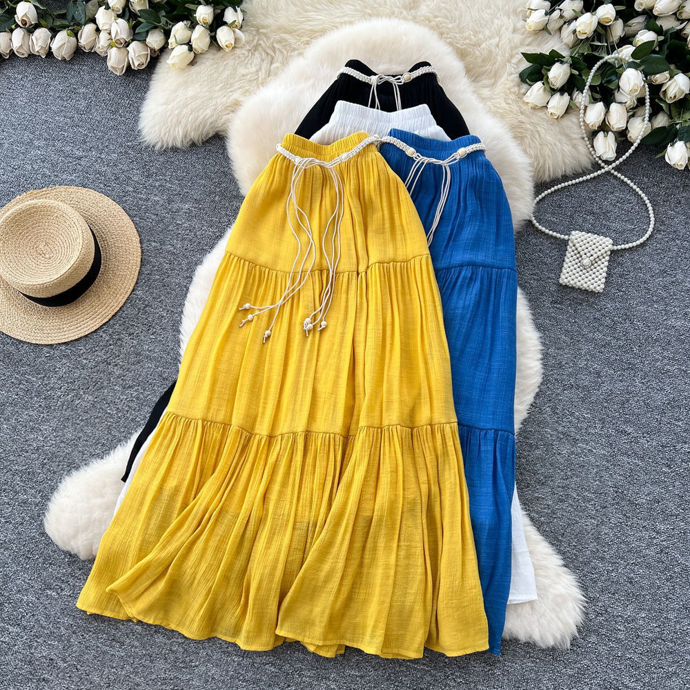 K-stylecasualhigh waisteasiest for match skirt for women summer gentle wind strap waist slimming look elegant large swing skirt