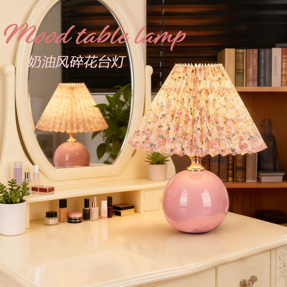 Nordic floral table lamp - pleated ceramic creative dimmable night light - study, trendy remote control bedside lamp - cozy bedroom lighting