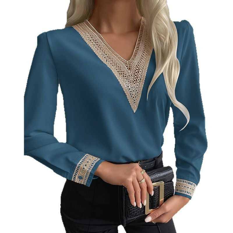 fashion women's clothing:  spring european and american style lace trimmed blouse, solid color patchwork v-neck long sleeve shirt